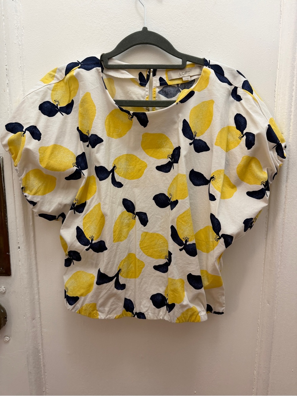 LOFT White Lemon-Print Short Sleeve Blouse with Navy Accents